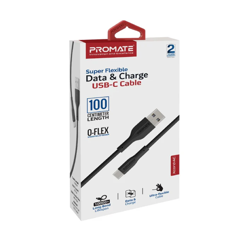 Promate Super Flexible Data and Charge USB-C Cable 1M (Xcord-AC.Black)